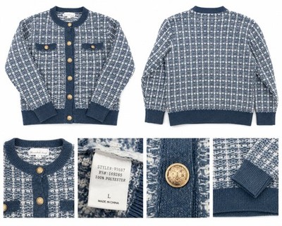 Threaded Leaf Women's Blue Tweed Knit Cardigan with Gold Buttons Style W9687