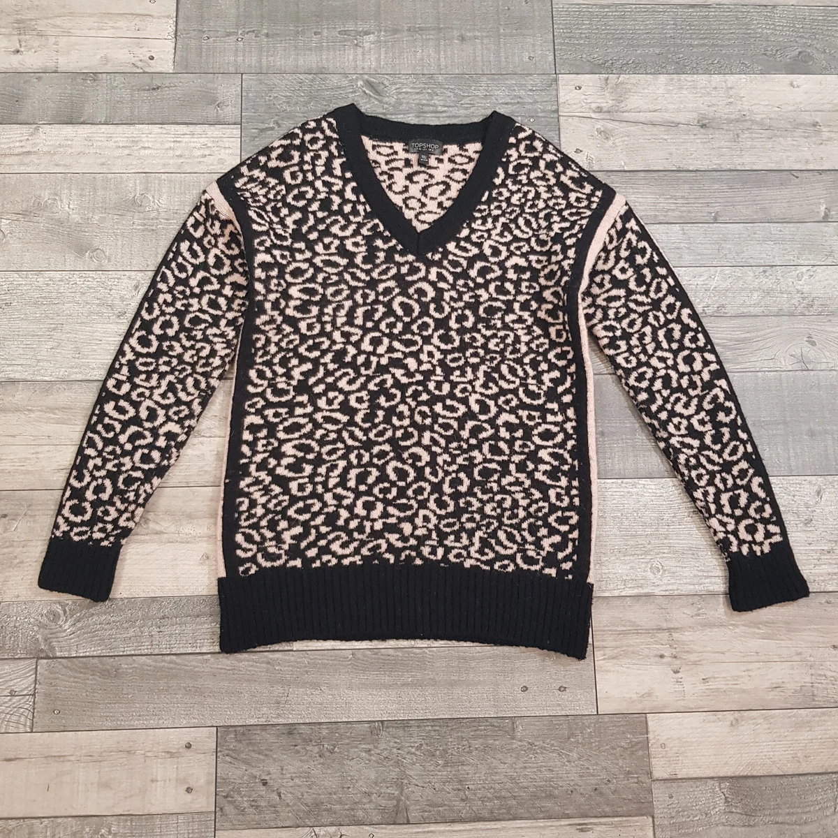 Topshop Leopard Print Jumper Pullover Knit UK 8 Black Beige V Neck Casual |  eBay