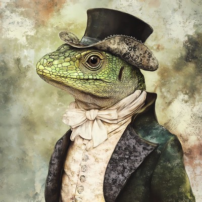 Lord Lizard in einem formellen Outfit inspiriert von einer historischen Periode, einschließlich eines großen