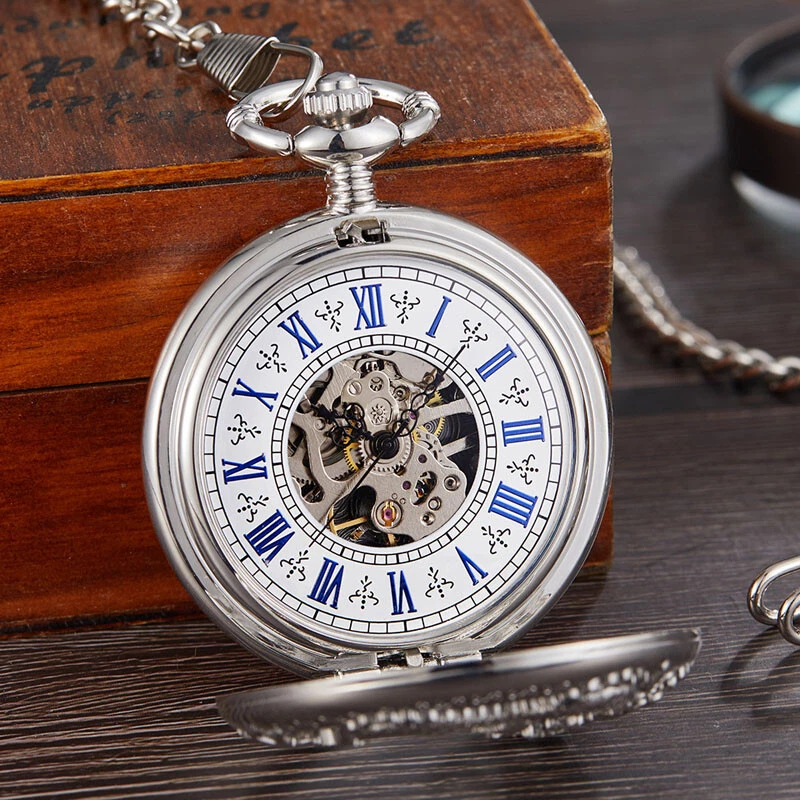 Mechanical Chain Mens Womens Pocket Watch Hand winding Round Dial Half Hunter