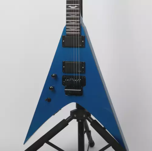 Flying V Left-handed Electric Guitar Blue 24 Frets Active Pickups Bat Inlay