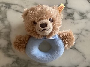 RARE! STEIFF ORIGINAL BEAR BABY BLUE TEETHING RING RATTLE plush from Germany
