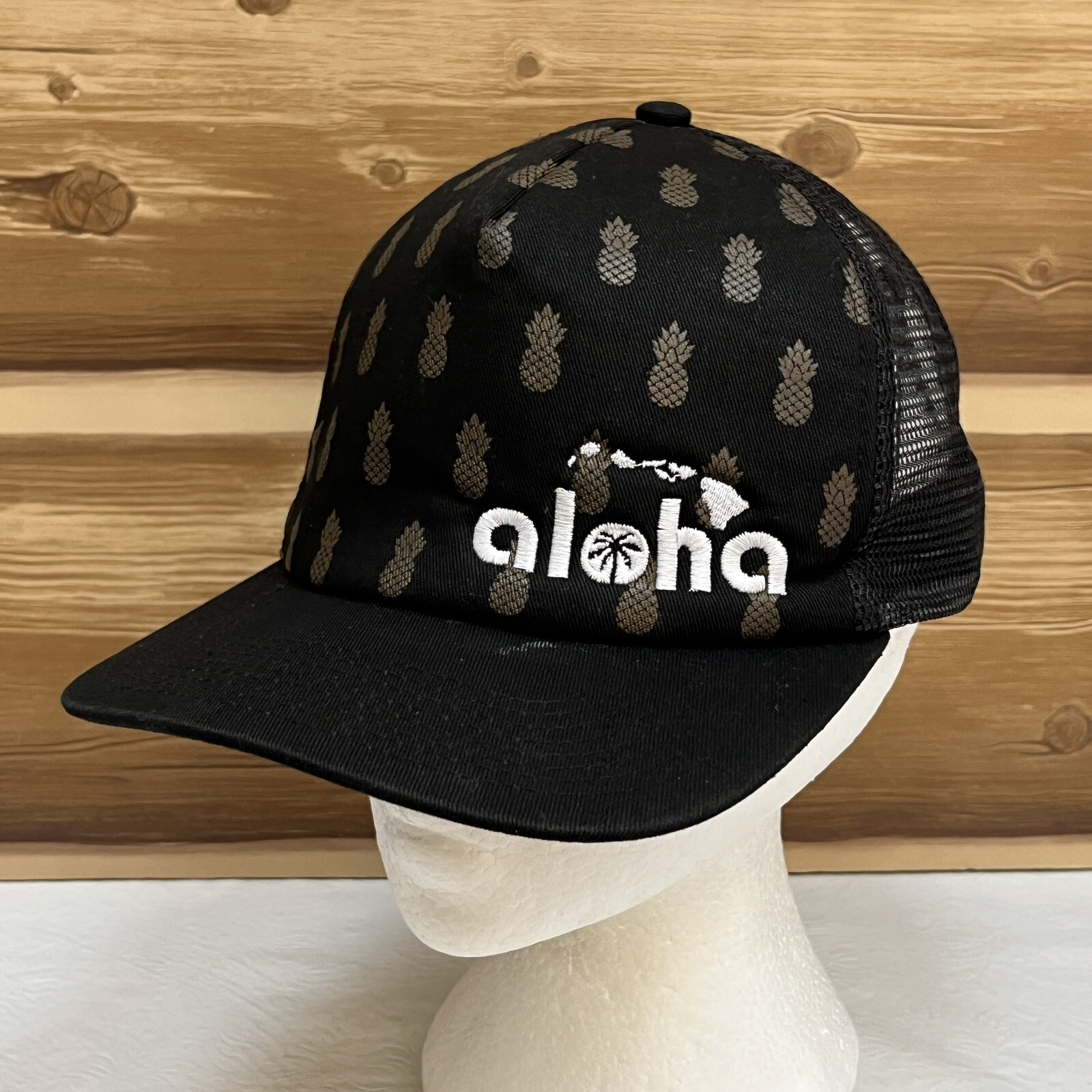 Aloha Pineapple Hat Cap Snap Back Black Trucker M… - image 1