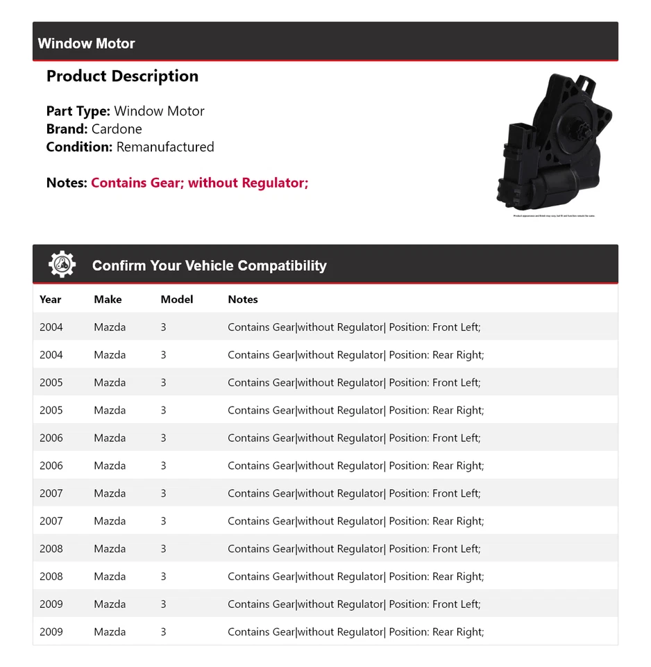 Para Mazda 2004-2009 3 ventanas motor Cardone 2005 2006 2007 2008 Foto 2 de 4