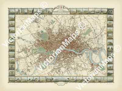 antiker Kartenplan viktorianisches London große Ausstellung Tallis Rapkin 1851 Kunstdruck