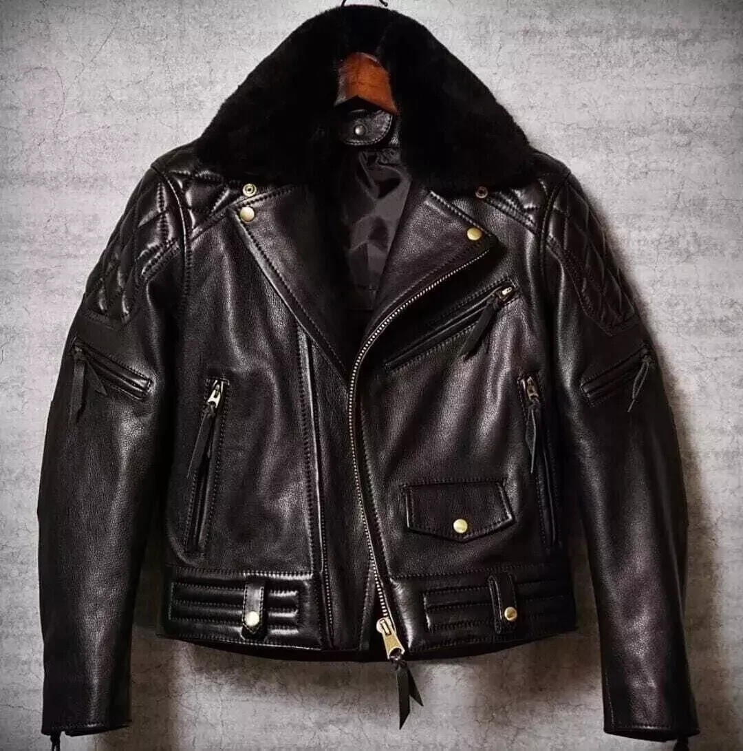 Men's Black Cowhide Leather Biker Jacket Military Style Handmade