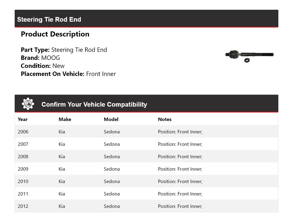 Barra de dirección interior delantera MOOG 2006 2007 2008 para Kia Sedona 2006-2012 Foto 2 de 4
