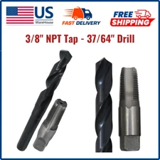 3/8" Carbon Steel NPT Tap and 37/64" HSS Drill Bit Set, 3/8" NPT, Bit Length 2.6