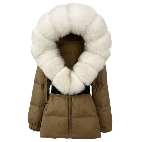 Winterjacke Damen echt Fuchspelz Kapuze dick warm weiß Entendaunenmantel - Bild 6 von 35