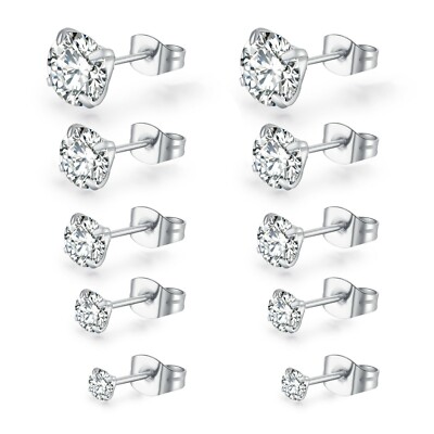 Pairs Set Surgical steel Round Clear Cubic Zirconia Mens Womens Stud  Earrings