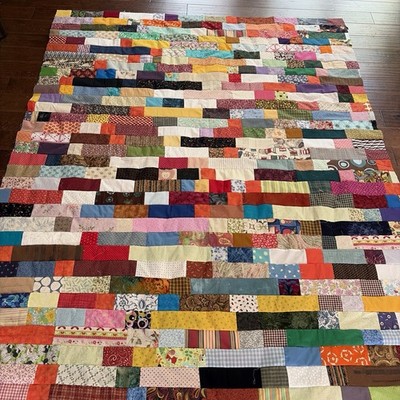 Handmade Machine Sewn Quilt Top MulticolorStrips Unfinished  74X92 QBH