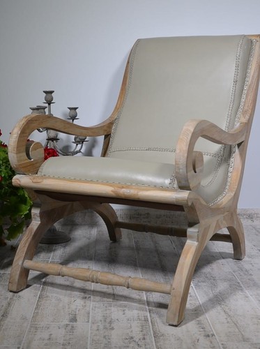Retro Sessel Leder Grau 62x94x105cm Holzgestell Vintage Loungestuhl Neu - Bild 9 von 9