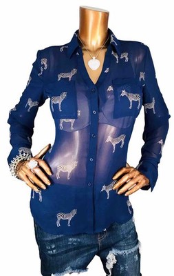 Express Portofino M Top Zebra Sheer Shell Lite Wgt Logo Button Up Shirt Blouse
