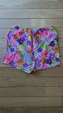 Vintage White Psychedelic Floral Shorts Elastic Waist Boho Neon
