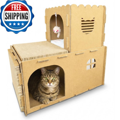 Otterpets Cardboard Cat House 2-Level Play Design Two Scratch Pads Plush Mouse