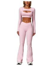 2 Piece Workout Sets for Women Seamless High Waist Flare Leggings Medium Pink