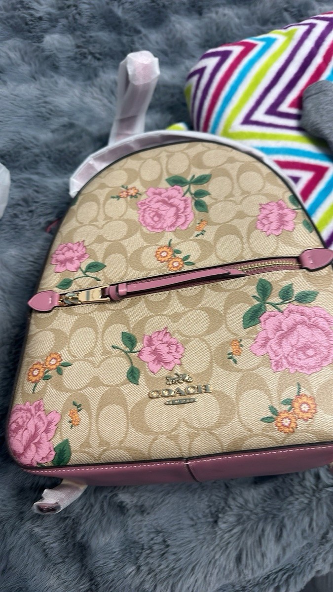 Coach Floral Print Backpack Pink Beige Medium Designer  display picture 2