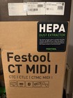 Black and white Festool box showing image of CLEANTEC CTC MIDI I HEPA vacuum with yellow logo and red HEPA filter indicator.