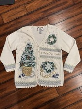 Vintage Tiara International White Christmas Sparkly Knitted Sweater 90s Beaded