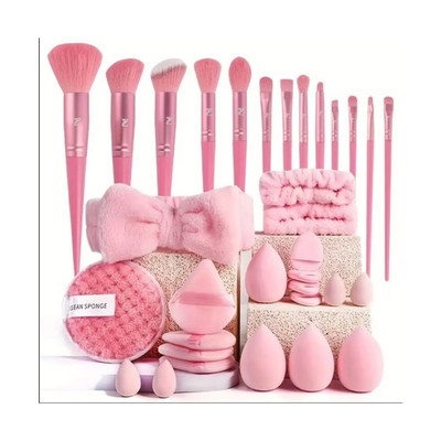 Pink Synthetic Makeup Brush Sponge Headband Face Towel Cleaning Pad Set 20pcs