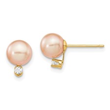 14k Yellow Gold 6-7mm Round Freshwater Cultured Pearl and Diamond Stud Earrings