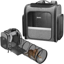 Pawtners Cat Backpack with Play Tunnel, Design for Carrying Playing Grey  Ex...