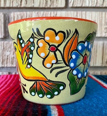 Mexican Ceramic Bird Flower Pot Planter Folk Art Pottery Handmade