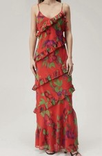 Nasty Gal Floral Red Tie Ruffle Chiffon Maxi Dress Size 6