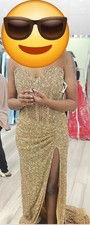 Portia Scarlett Gold Sequin Formal Gown with Slit Evening Floor Length Dress