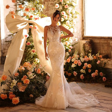 Popular Mermaid Crew Neck Wedding Dresses Sweetheart Lace Appliques Bridal Gowns