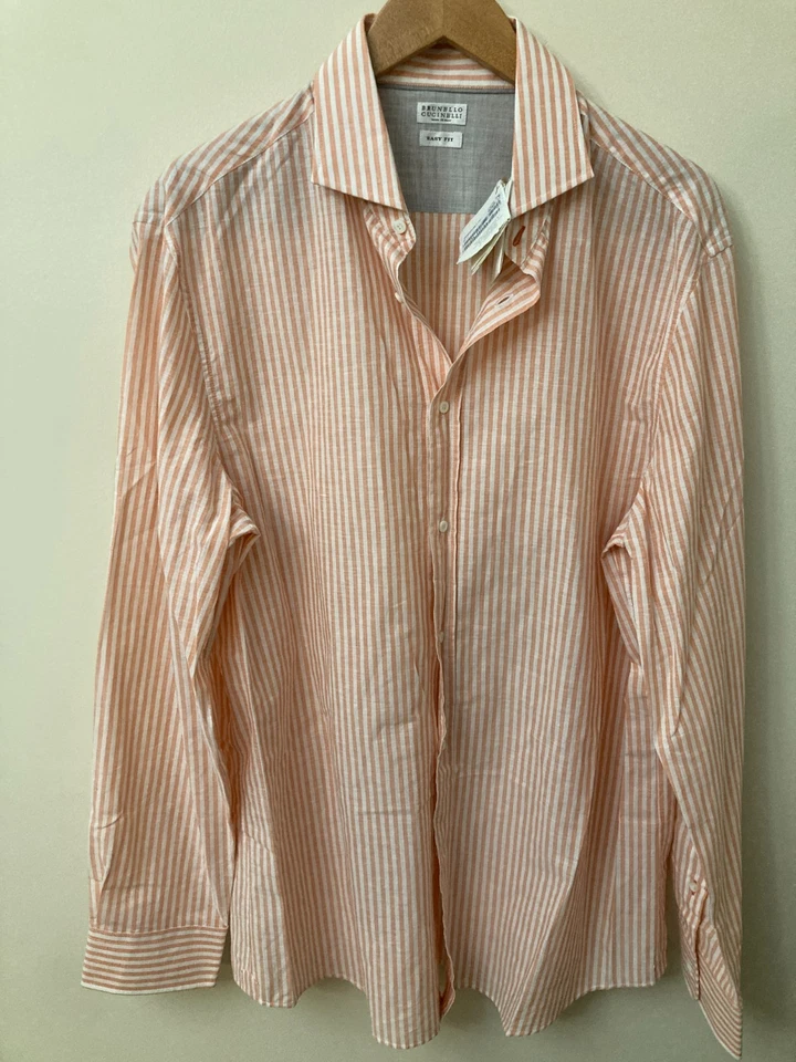 NUEVO CON ETIQUETAS BRUNELLO CUCINELLI Camisa de Vestir Naranja/Salmón/Blanco Rayas 17.5/44 Foto 3 de 4