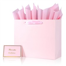 Elegant Pink Gift Bag 11.8x4.5x9.8 Inch Ribbon Handles Card Tissue Papers