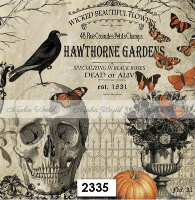(2335) TWO Paper LUNCHEON Decoupage Art Craft Napkin HALLOWEEN SKULL CROW SCRIPT