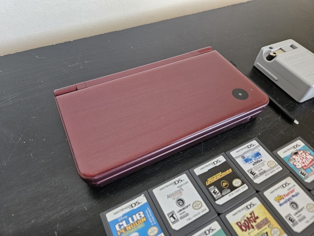 Nintendo DSi XL DS Console Wine Red Burgundy Tested With 14 Games