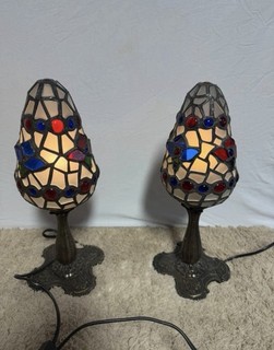 Pair Vintage Tiffany Style Stained Glass Table Lamps