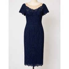 JS Collections Navy Soutache Lace Midi Dress Illusion Neck Sheath Formal Size 4