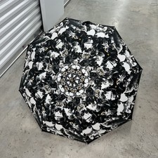 Vintage 80s Totes Cat Pattern Umbrella Black White Wood Handle