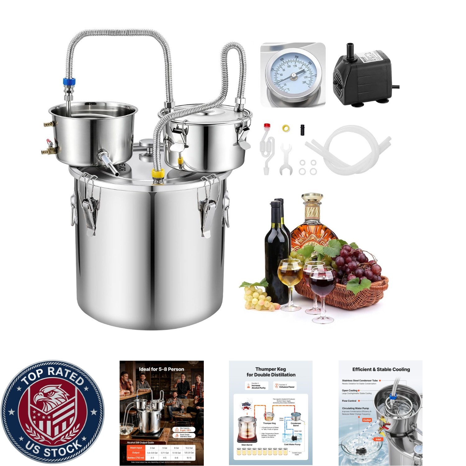 Alcohol Still, 8 GAL/ 30L Alcohol Distiller With Thumper Keg, Dual-Scale