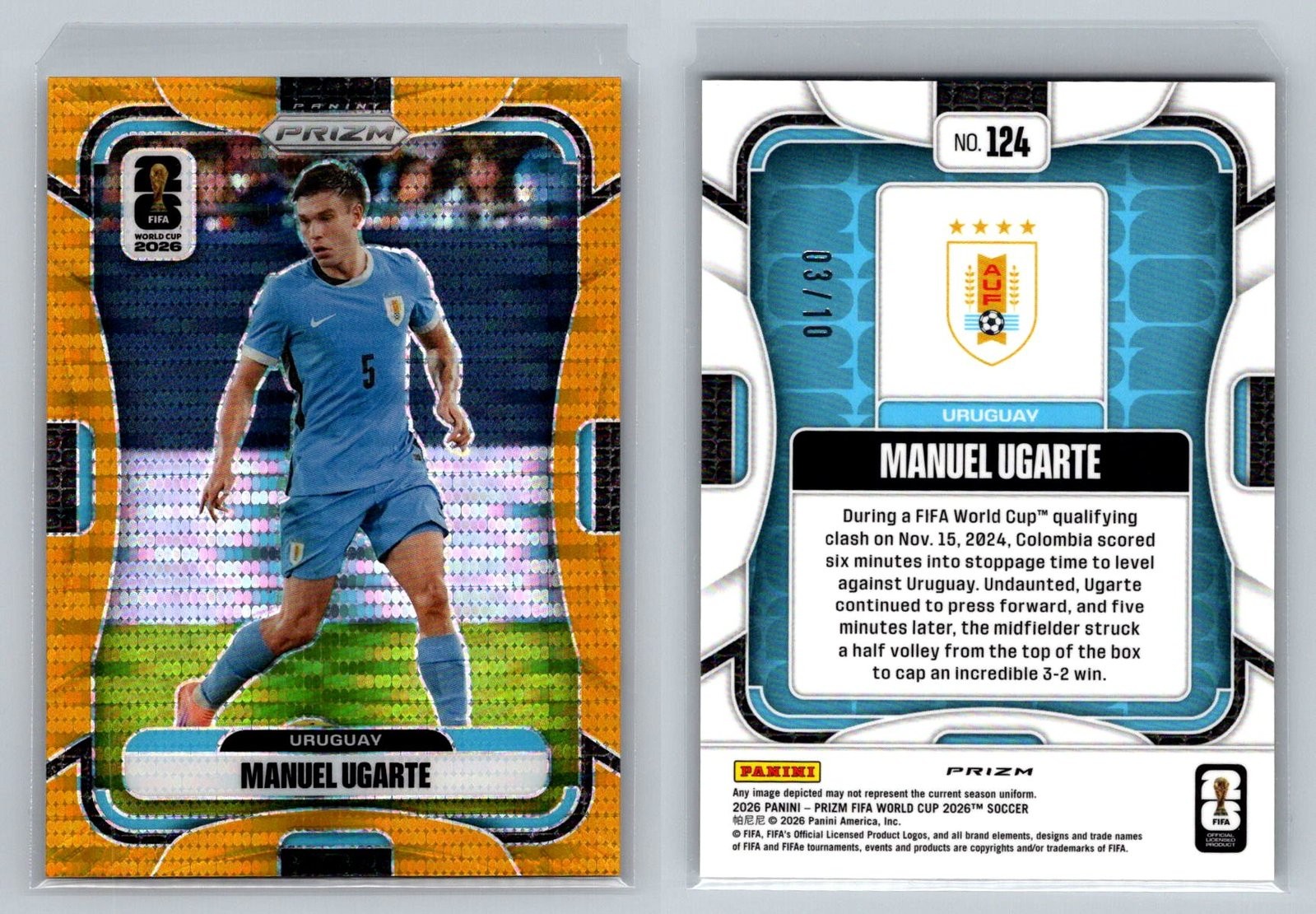 2026 Panini Prizm FIFA World Cup MANUEL UGARTE #124 Gold Prizm #/10 Uruguay view 3