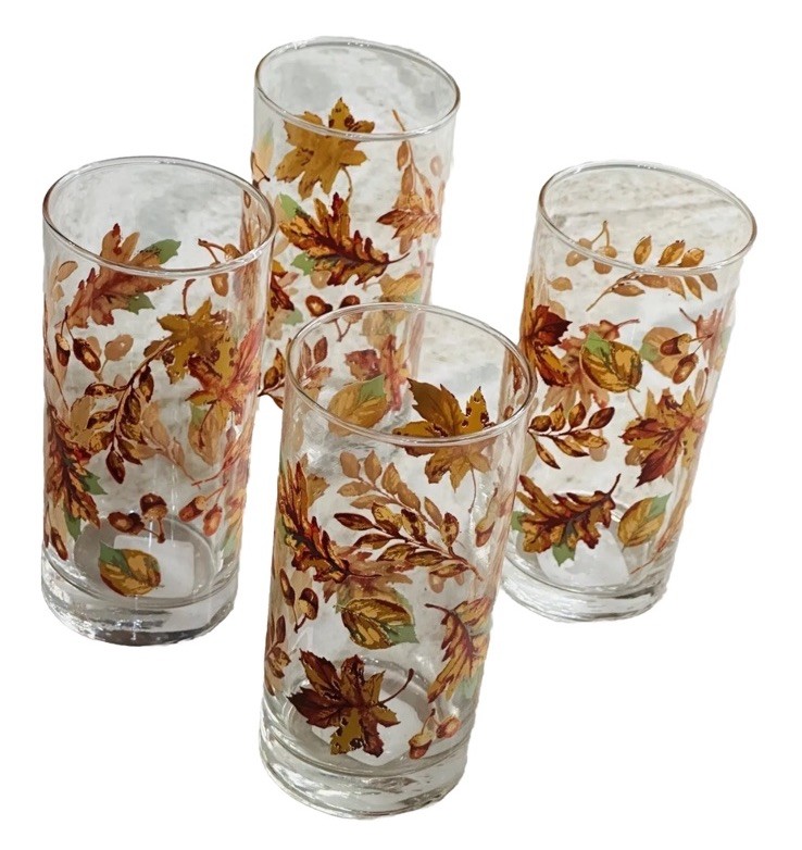 Set Of 4 6” Tall 16.3oz-Autumn Fall Leaves Thanksgiving Tumbler Glasses