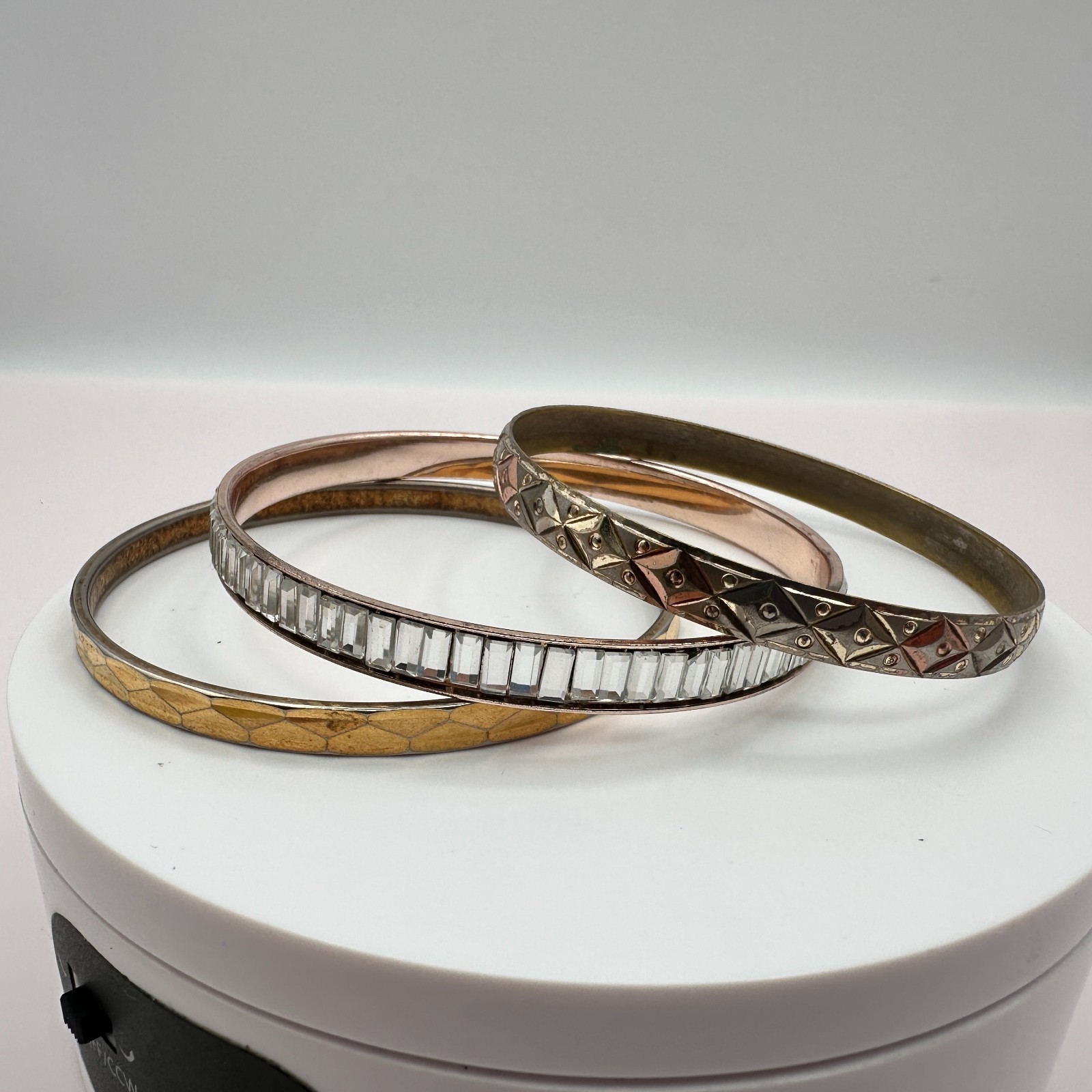 Vintage 90s Rhinestone Geometric Textured Bangle Set Women's Classic Jewelry
