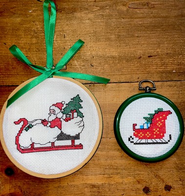 Set of 2 Xmas Sleighs Completed Cross Stitch Embroidery Hoop Frames Vintage
