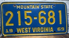 1969 West Virginia WV Mountain State License Plate Tag 215-681 Blue Yellow