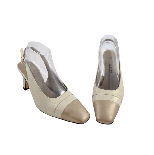 St John Slingback Pumps Womens Size 7.5 Cream & Gold Heels Leather Cap Toe