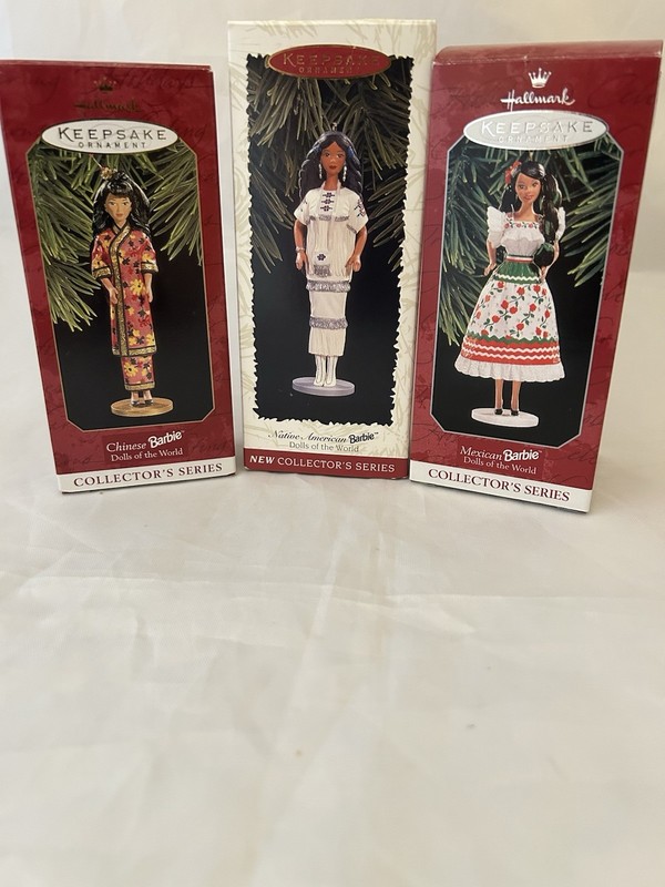 "3" HALLMARK Ornament Barbie~Chinese,Native American,& Mexican Barbies