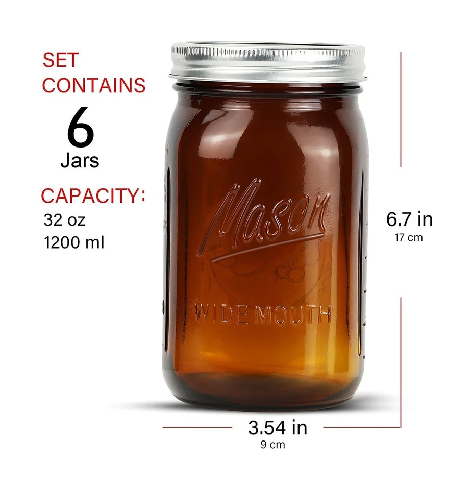 Frascos de albañil de vidrio ámbar de boca ancha de 32 oz (paquete de 6) - sin BPA, aire... envío rápido Foto 4 de 4