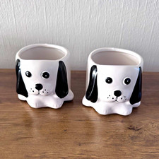 Paar Keramik Hundegesicht Pflanzgef&auml;&szlig;e 10 cm gl&auml;nzend Deko wei&szlig; & schwarz
