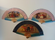 Vintage Painted Wood  Fabric Spanish Folding Hand Fans set of 3 