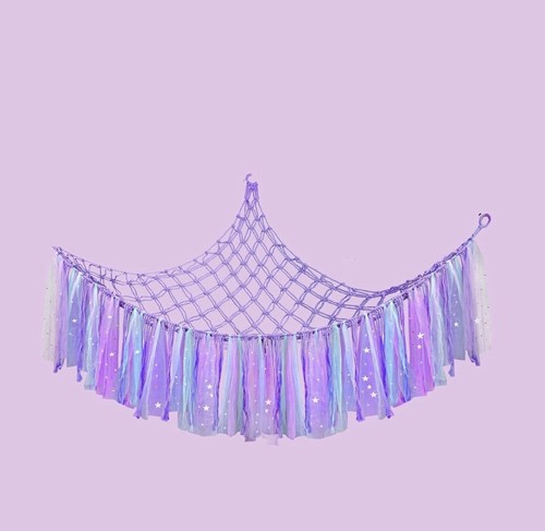 Purple Rope Hammock Net for Stuffed Animals with Fringe Tassels