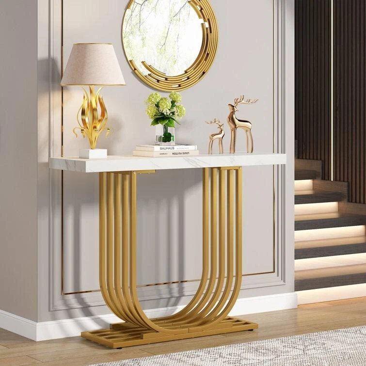 Modern Faux Marble Console Table with Gold Base – 39" Entryway Accent - Image 3 of 4